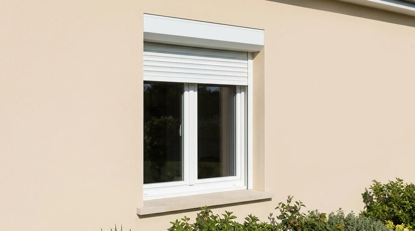 Fenêtre PVC blanche avec volet roulant intégré de type bloc-baie, coffre posé sur le haut de la menuiserie, vue de l'extérieur