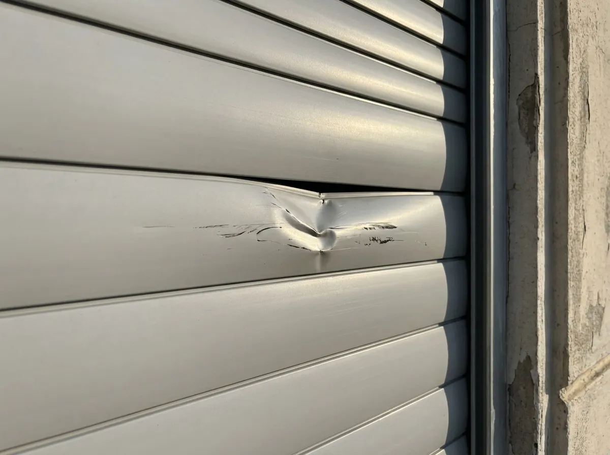 Gros plan sur une lame de volet roulant en aluminium enfoncée par un choc, au milieu du tablier