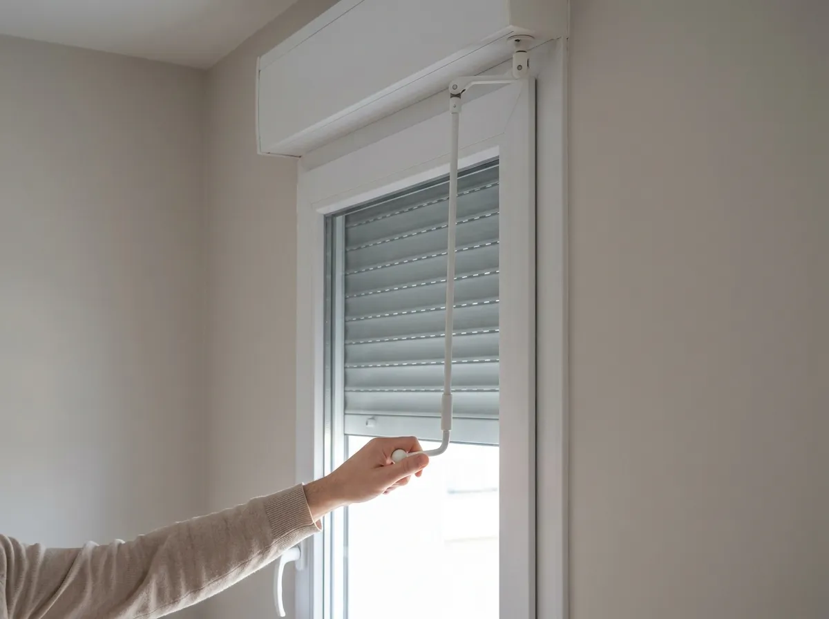 Main qui tourne la manivelle blanche d'un volet roulant, à l'intérieur, sous le coffre d'une fenêtre
