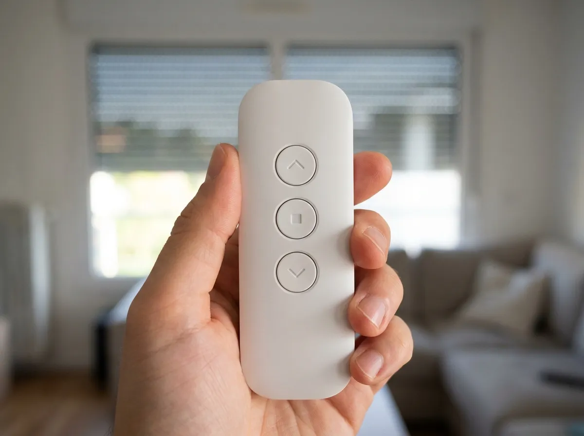 Main tenant une télécommande de volet roulant devant une fenêtre aux volets à mi-hauteur