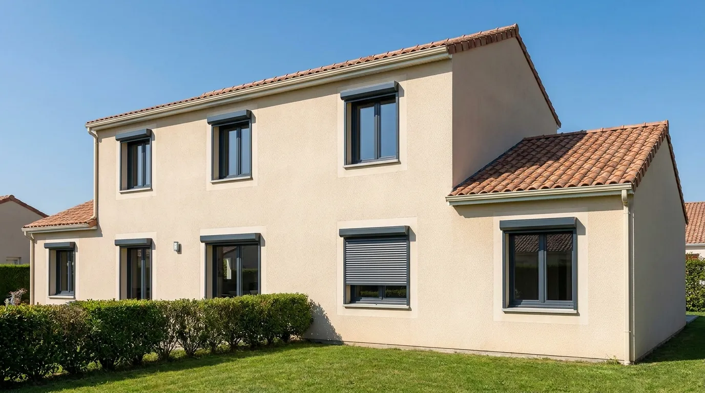 Façade de maison avec volets roulants extérieurs en aluminium gris anthracite, coffres en haut des fenêtres