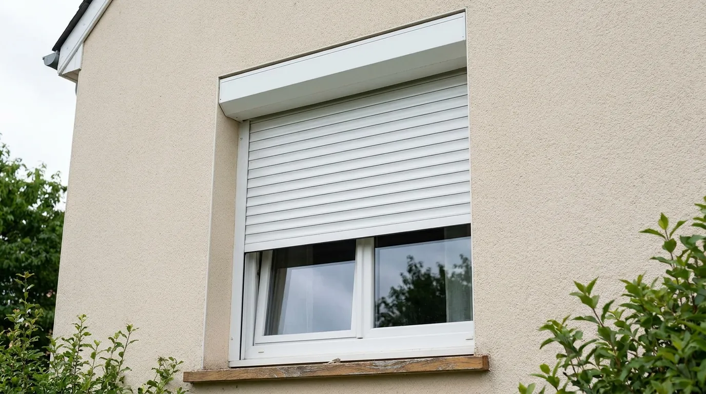 Volet roulant blanc posé dans l'embrasure d'une maison à enduit beige, tablier à mi-hauteur