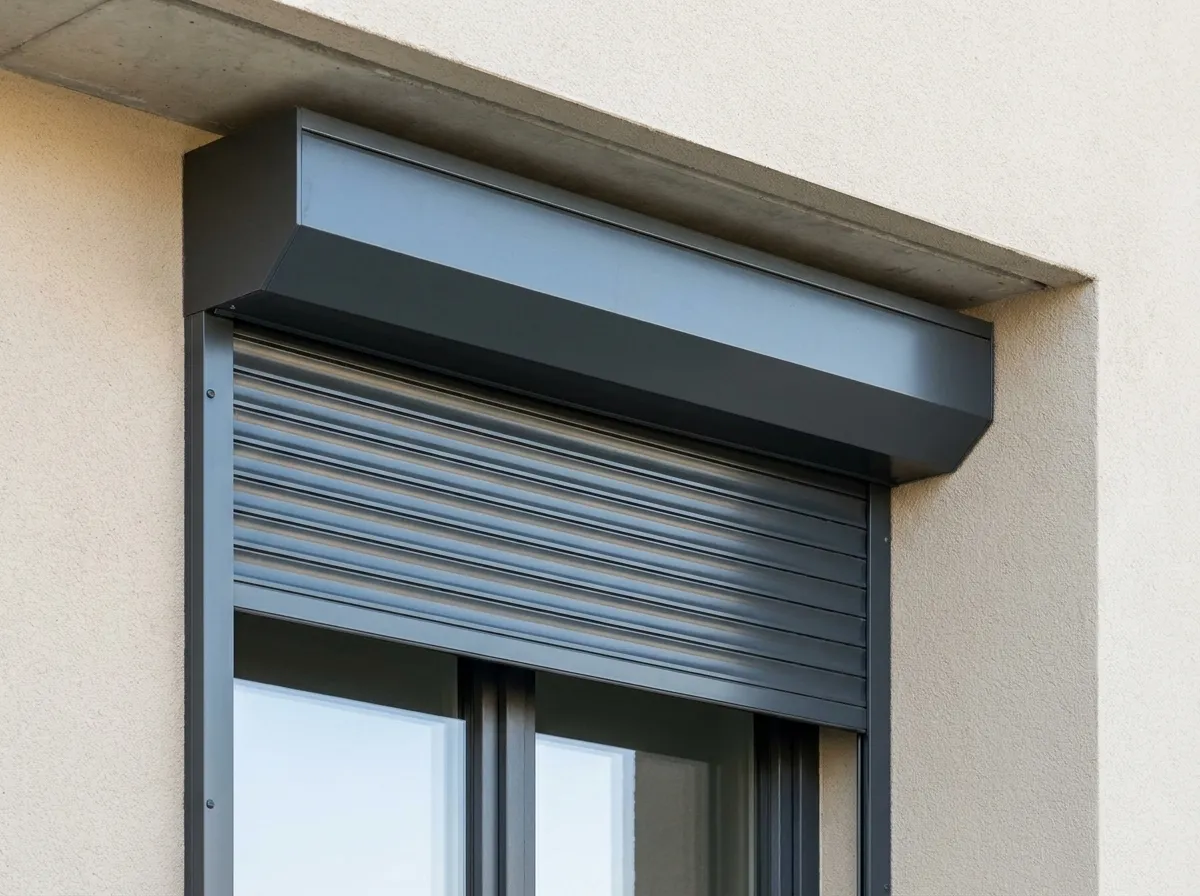 Coffre pan coupé gris anthracite posé dans l'embrasure, coulisses alu