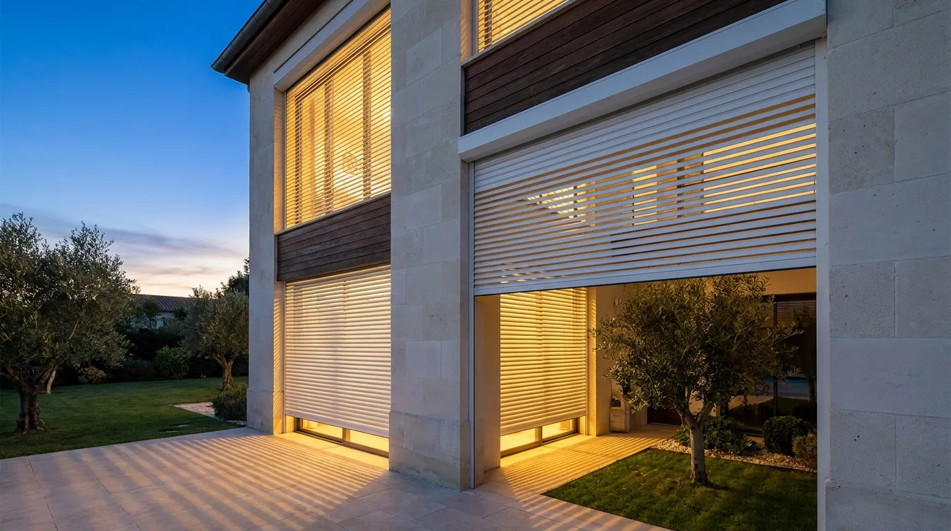 Maison moderne à la tombée de la nuit, lumière intérieure filtrant à travers des volets roulants blancs mi-fermés