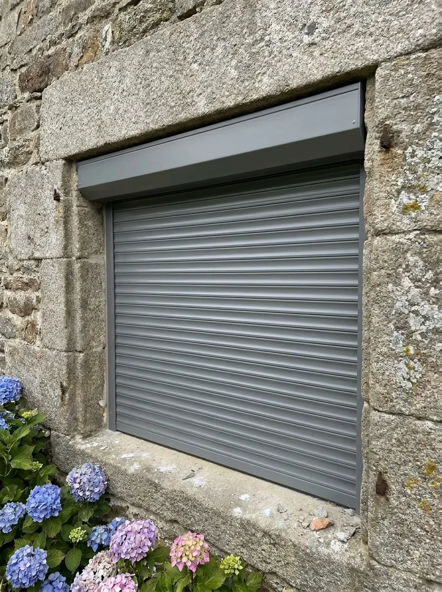 Volet roulant gris, coffre sous le linteau, fermé