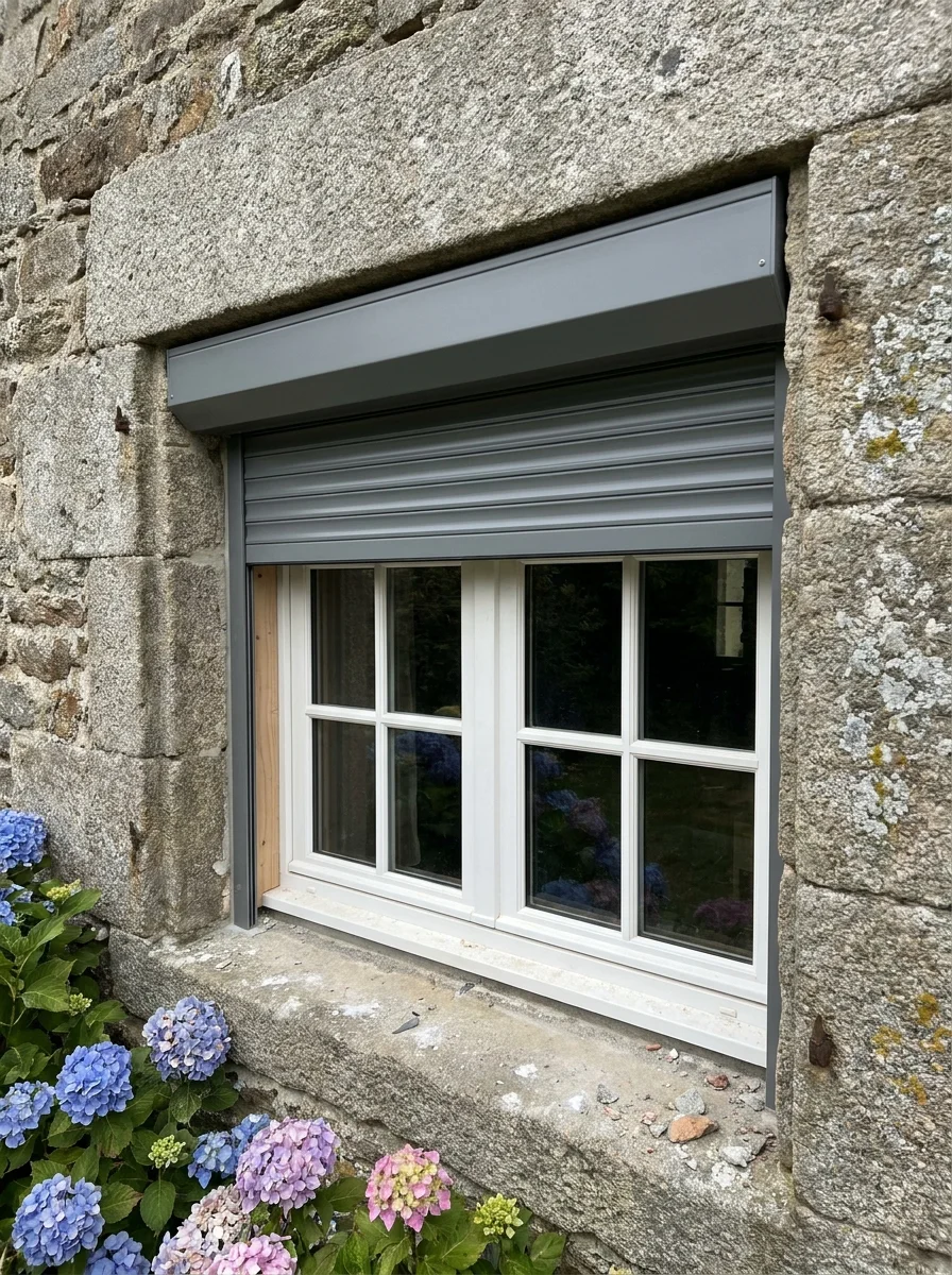 Volet roulant gris, coffre sous le linteau, ouvert