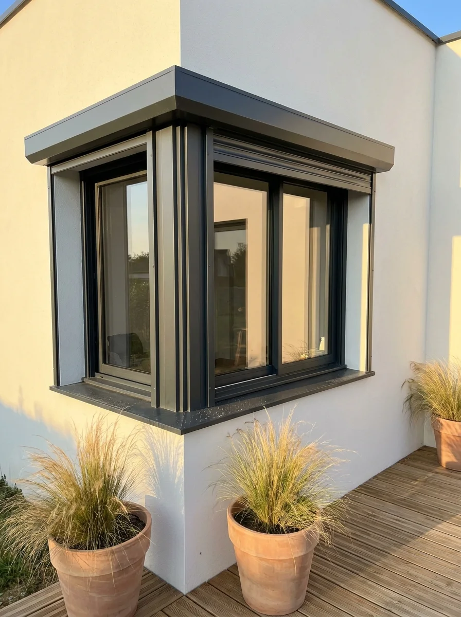 Volet roulant gris anthracite, coffre sur la façade, ouvert
