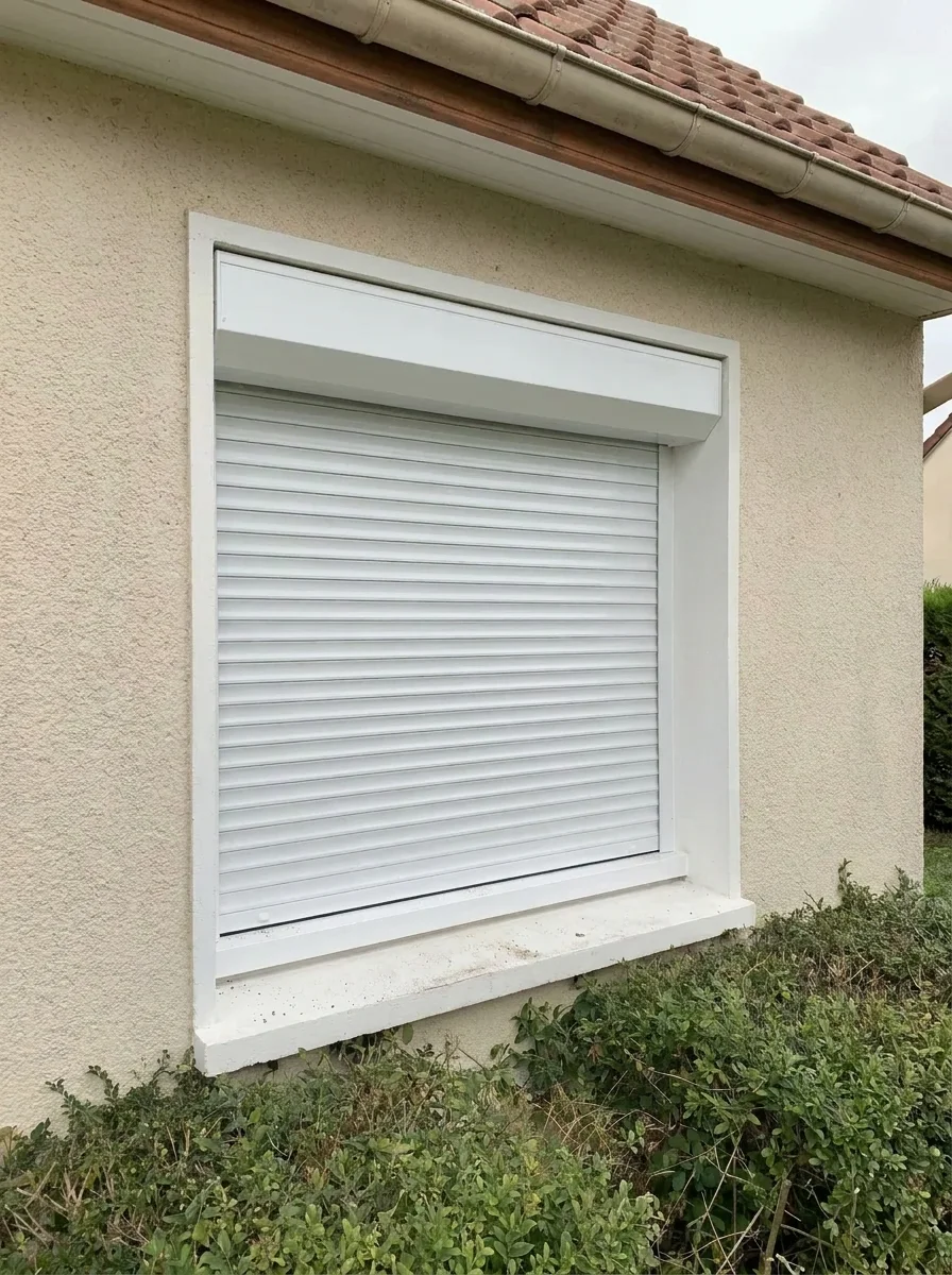 Volet roulant blanc, coffre dans l’embrasure, fermé
