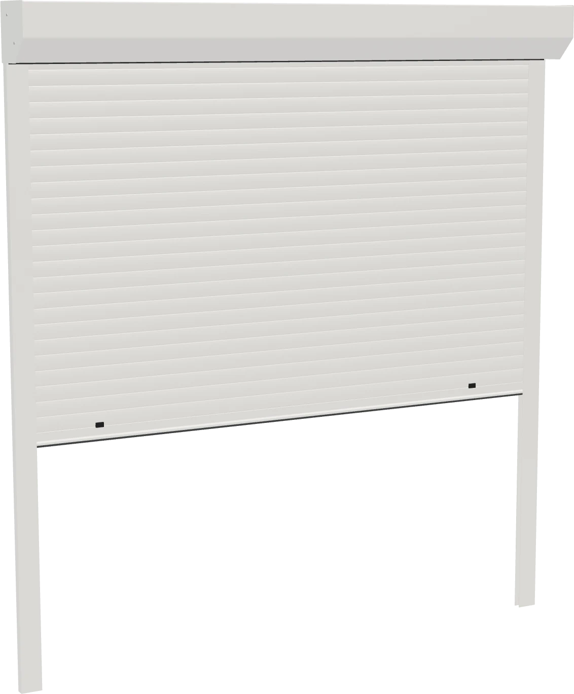 Volet roulant aluminium blanc à coffre pan coupé, tablier aux deux tiers fermé, coulisses blanches