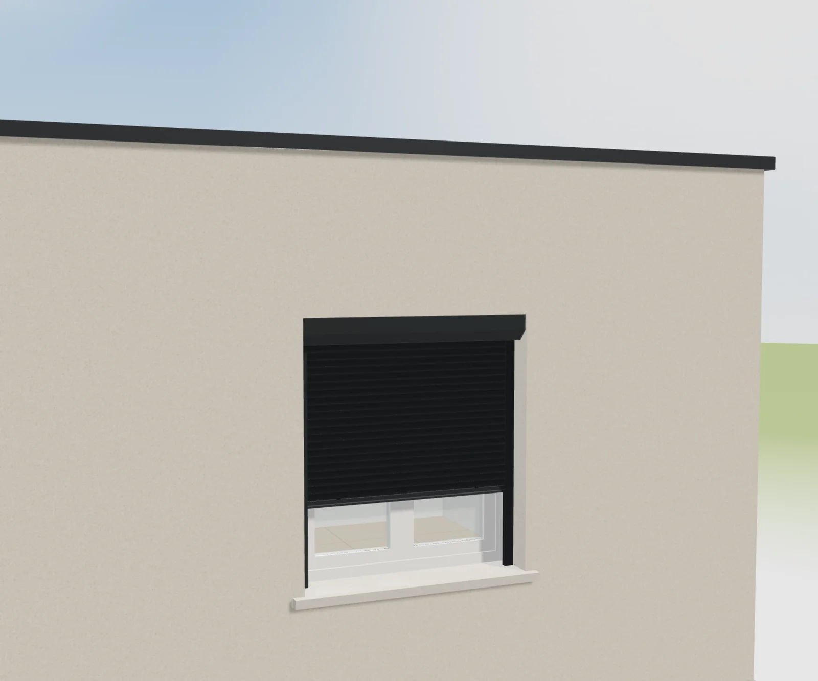Rendu 3D d'une façade enduite beige avec un volet roulant gris anthracite à mi-hauteur