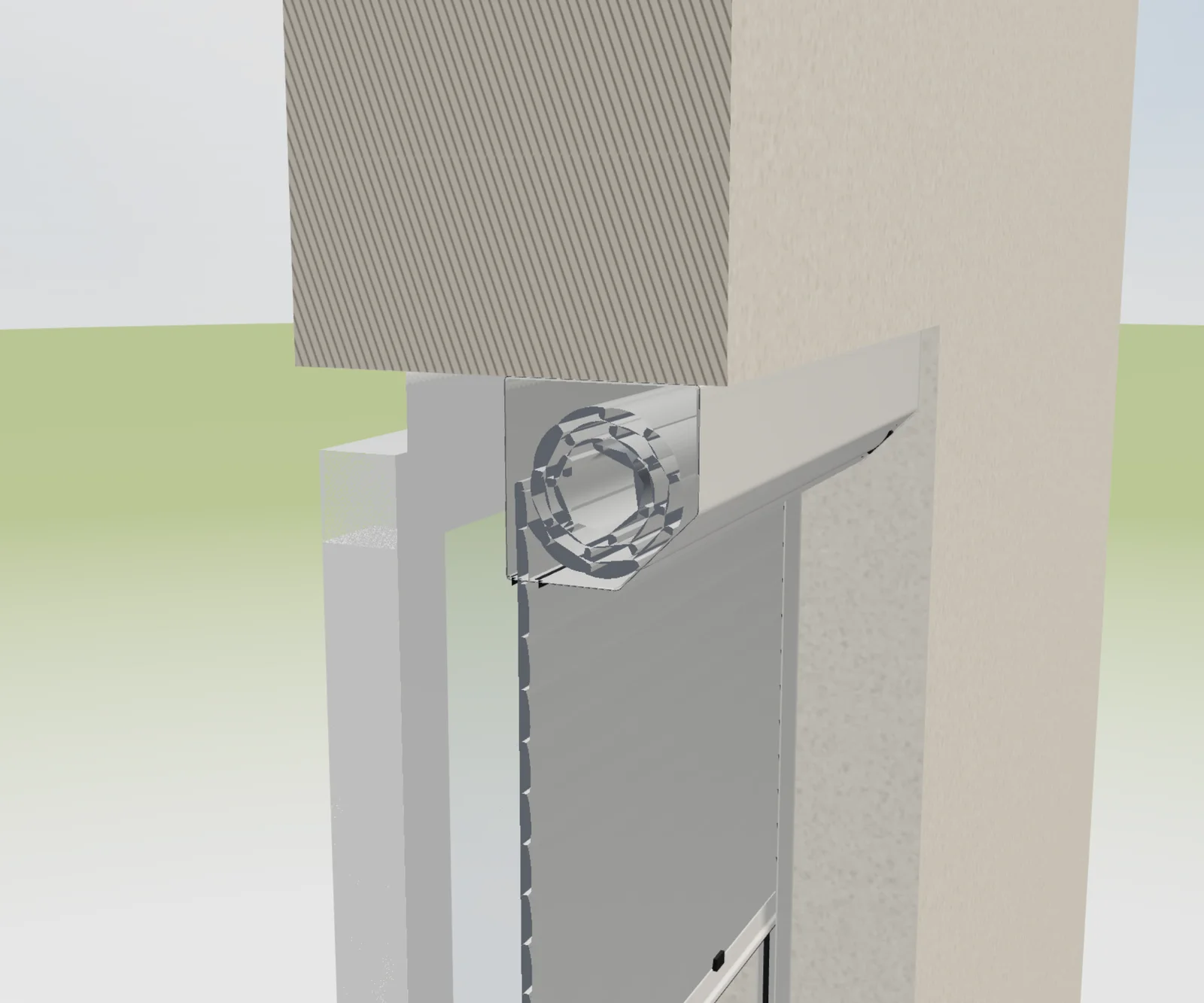 Coupe d'un coffre de volet rénovation fixé à l'extérieur sous le linteau, sans ouverture vers la pièce