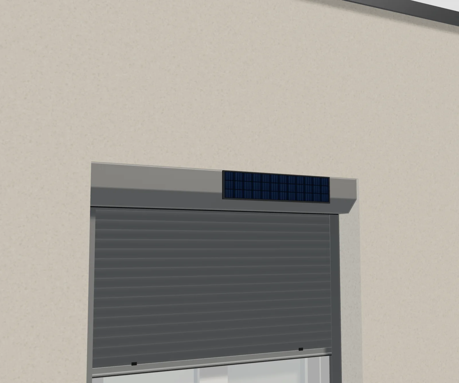 Volet roulant solaire avec son panneau photovoltaïque posé sur le coffre, au-dessus de la fenêtre