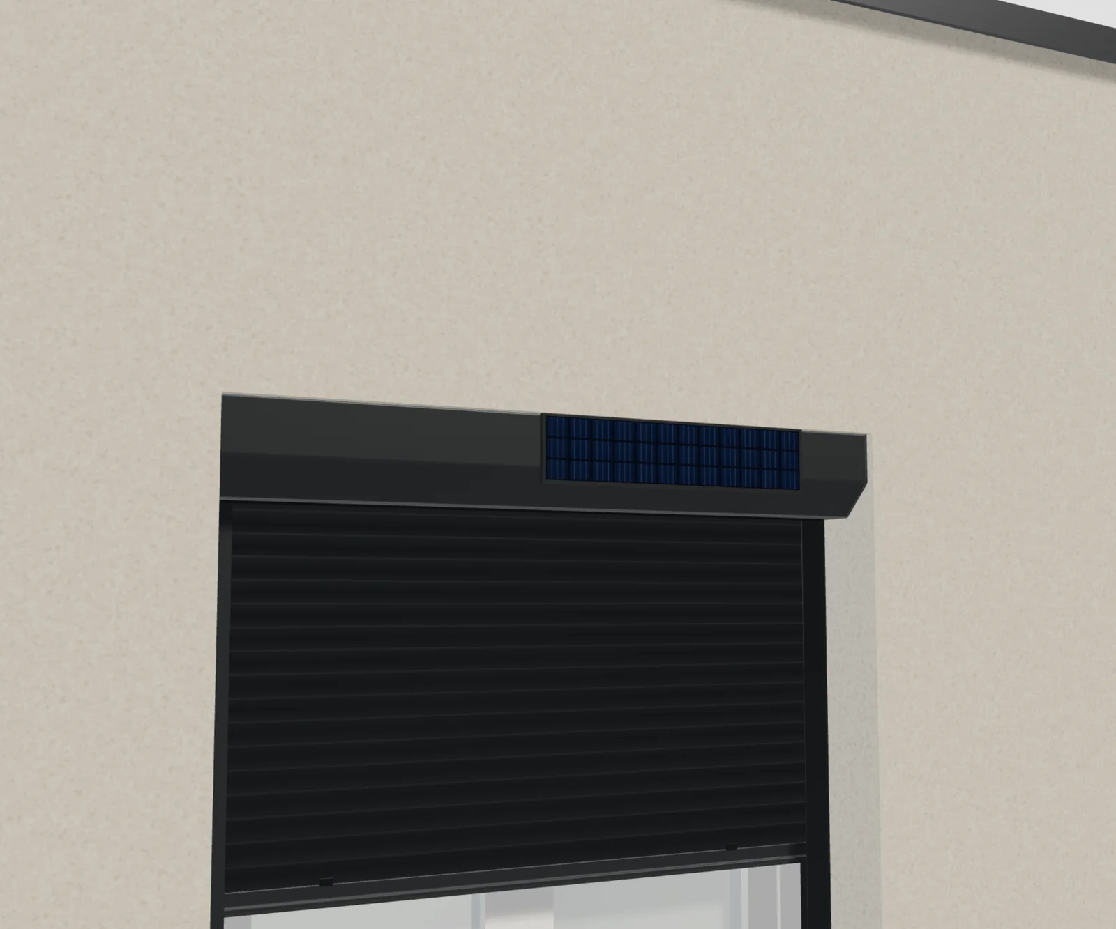 Volet roulant solaire anthracite, panneau photovoltaïque posé sur le coffre au-dessus de la fenêtre
